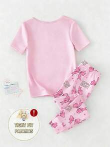 女童单件修身睡衣套装，粉色针织面料，可爱蝴蝶结印花短袖上衣和蝴蝶印花长裤，春夏款 - 粉色 - 查看 2