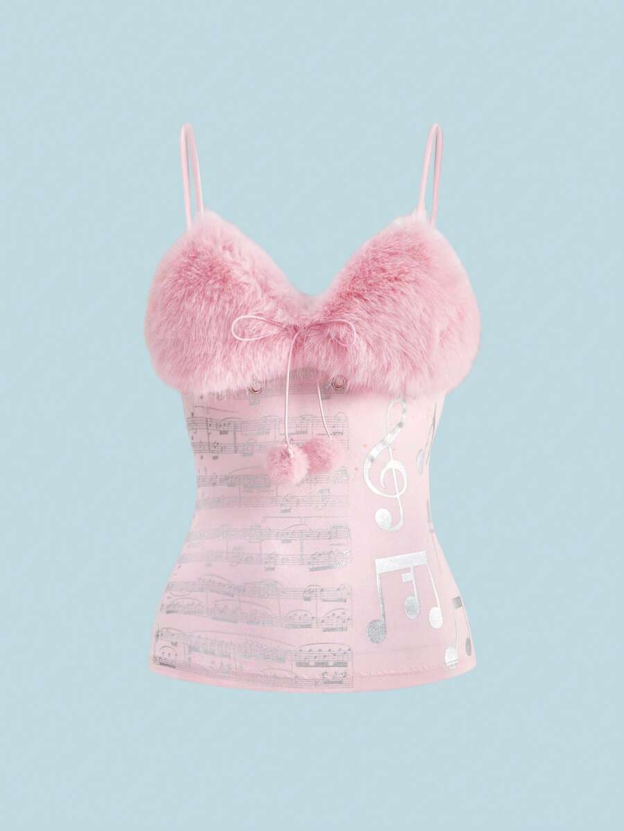 ROMWE J-Fashion Y2K Abby 女士可拆卸人造毛皮吊带背心，适合冬季穿着 - 粉色 - 查看 1