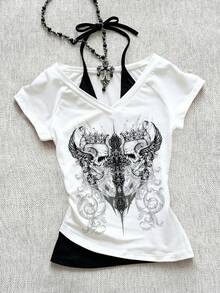 Attitoon 女士休闲复古V领露背系带撞色短袖T恤，适合夏季穿着 - 白色 - 查看 10