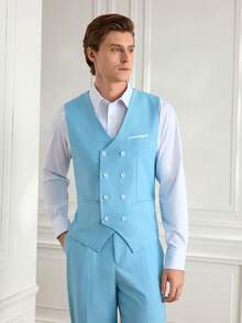 Officeau 新款高品质男士商务西装，新郎婚礼正装，纯色双排扣燕尾服，时尚金色纽扣西装外套，欧码 2XL 3XL - 淺藍色 - 查看 5