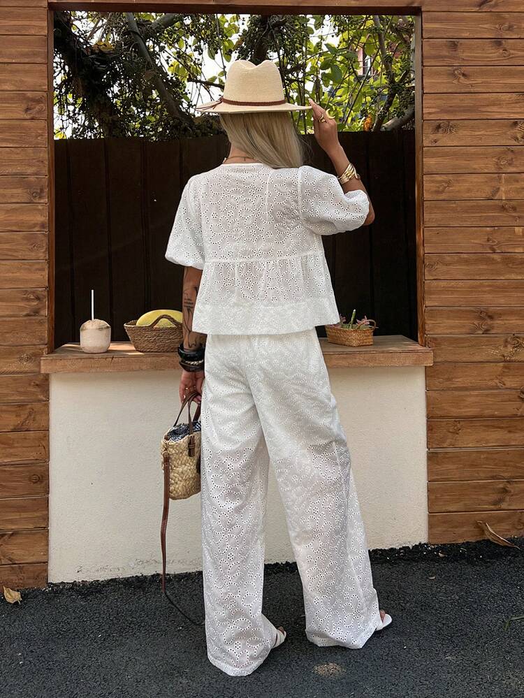 Women's Summer Loose Casual Vacation Style Bow Tie Shirt And Straight Leg Pants 2-Piece Set