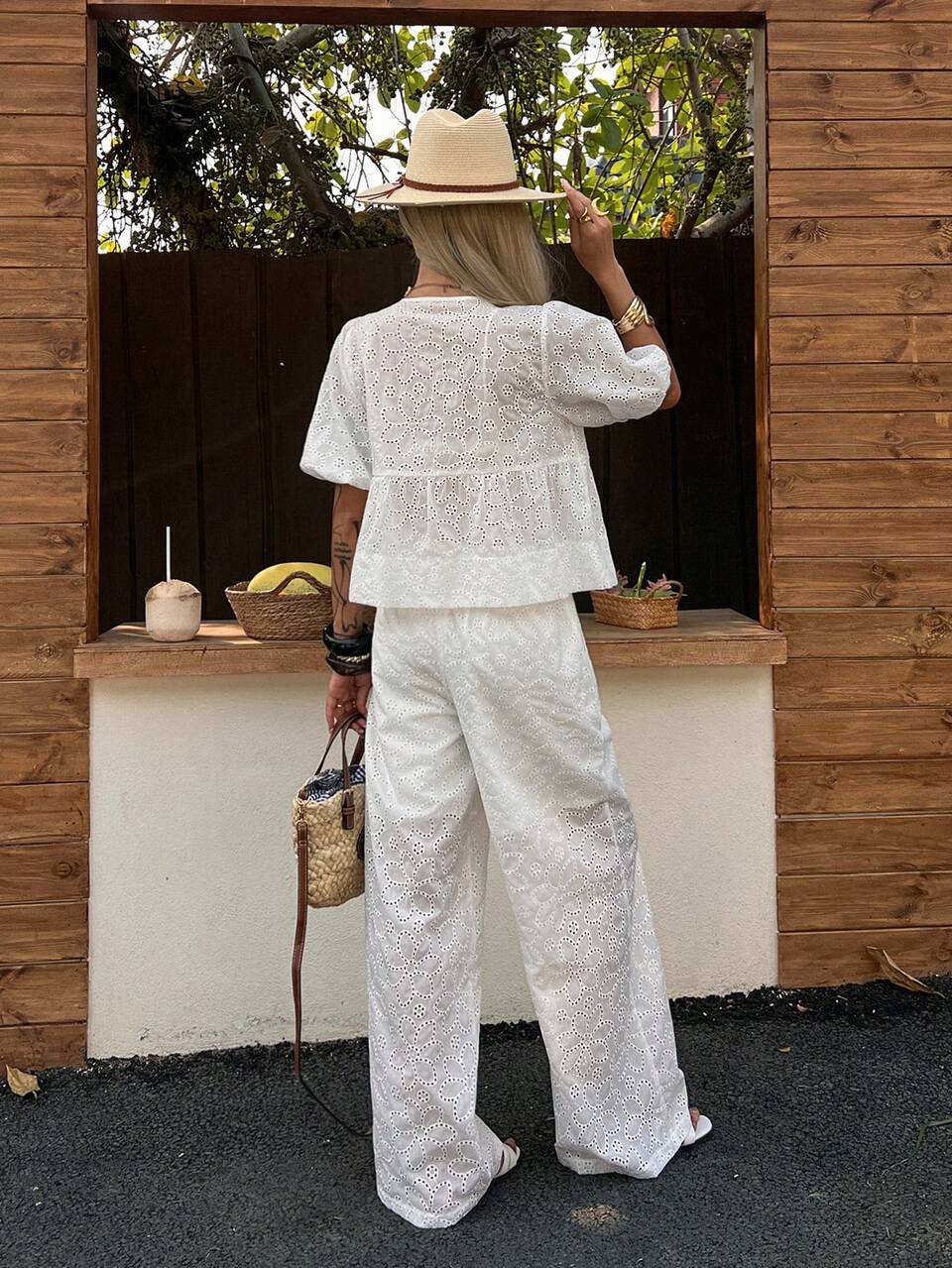 Women's Summer Loose Casual Sexy Vacation Style Bow Tie Shirt And Straight Leg Pants 2-Piece Set Boho Golf White