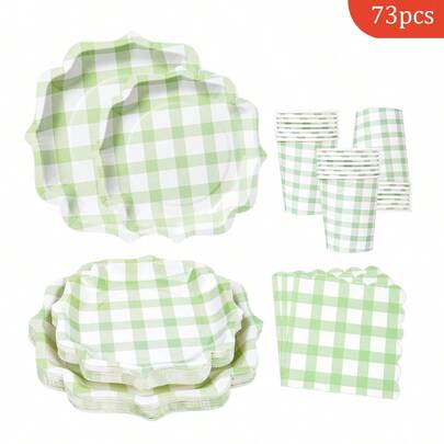 Green Checkered Square Petal Shaped Disposable Dining Plate Napkins Paper Cups, Disposable Party Supplies Set, Suitable For 16 Guests, Suitable For Birthdays, Weddings, Theme Parties, Family Picnics, Disposable Dining Plate Party Utensils
