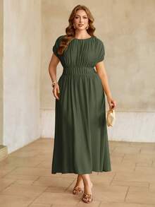 Roveilla Plus Size Summer Solid Color Ruched Batwing Sleeve Dress - Army Green - View 4