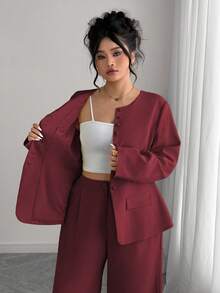 Elenzga 女款夏季優雅商務休閒紅金秋季正式辦公通勤套裝 深酒紅圓領西裝外套＋鬆緊腰直筒長褲 - 紫紅色 - 查看 7