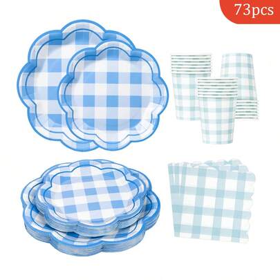 Blue Checkered Petal Shaped Disposable Dining Plate Napkins Paper Cups, Disposable Party Supplies Set, Suitable For 16 Guests, Suitable For Birthdays, Weddings, Theme Parties, Family Picnics, Disposable Dining Plate Party Utensils