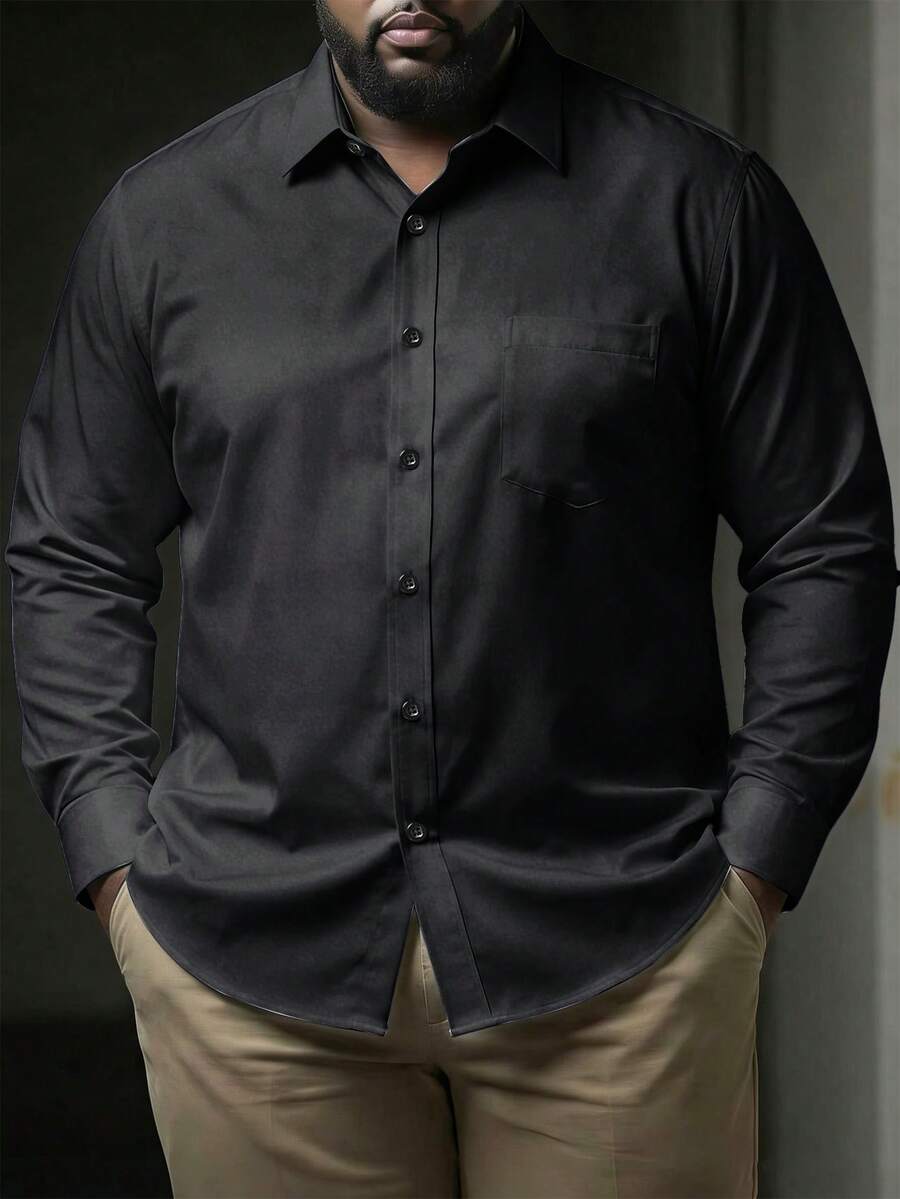 Manfinity Homme 大码男士纯色商务休闲长袖衬衫 - 黑色 - 查看 1