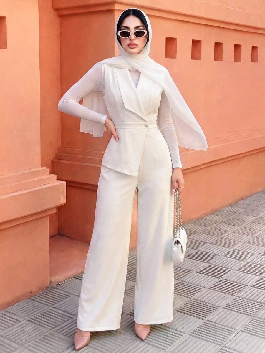 Elenzga Women's Apricot Solid Fabric V-Neck Blazer Collar Waist Strap Design Elegant Professional Outfit, Suitable For Work, Meetings, Teachers, School, Valentine's Day, Labor Day, Easter, Travel, Spring/Summer New Fashion Essential Sleeveless Loose Straight Leg Jumpsuit - Apricot - View 1