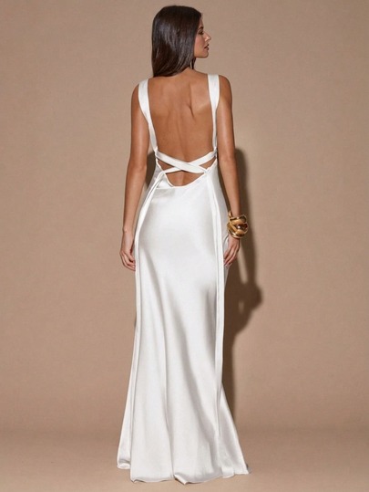 SHEIN BAE Elegant White Sleeveless Backless Deep V-Neck Maxi Mermaid Dress,Minimalist Solid Color Tie Strap Summer Dresses For Women Dining Party Cocktail
