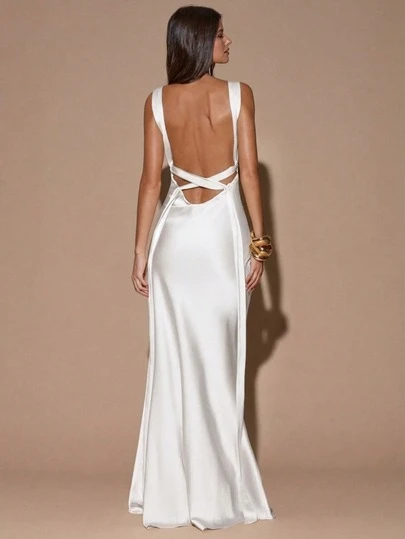 SHEIN BAE Sexy Minimalist Solid Color Cream Yellow Deep V-Neck Sleeveless Backless Tie Strap Maxi Mermaid Dress, Suitable For Party, Cocktail, Formal Occasion, Bridesmaid, Birthday, Christmas, Business Casual,Summer Dresses For Women