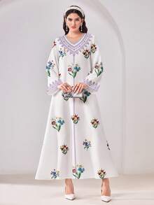 Yasmyna Đầm kiểu Ả Rập kín đáo, cổ chữ V, in hoa, phong cách thường ngày. - Nhiều màu - Xem 1