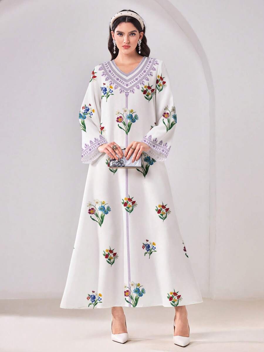 Yasmyna Đầm kiểu Ả Rập kín đáo, cổ chữ V, in hoa, phong cách thường ngày. - Nhiều màu - Xem 1