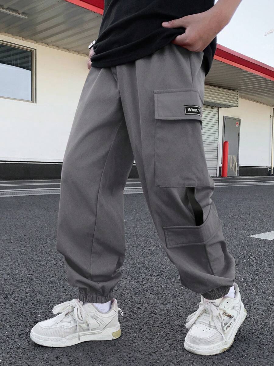 SHEIN 男童休闲舒适松紧腰宽松纯色梭织裤 - 灰色 - 查看 1