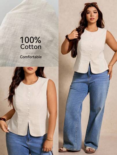 Elaquor Blusa sin mangas de unicolor de verano para mujer talla grande