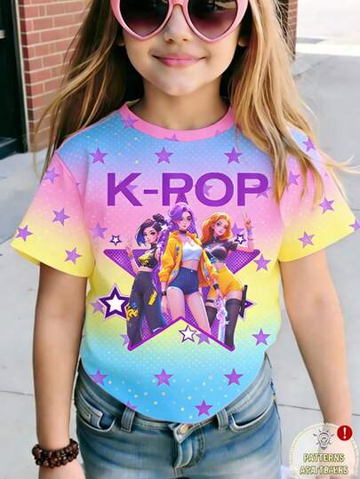 Toddler Girls' Dopamine Rainbow Gradient Short Sleeve Top, K-POP Girl Group & Anime Style Graphic Print Colorful Star Pattern Round Neck T-Shirt, Summer Outfits For Outdoor, Events, Party, Vacation