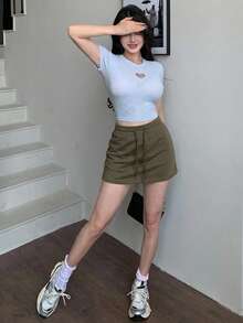 DAZY 女士纯色抽绳腰休闲百搭半身裙 - 灰色 - 查看 5