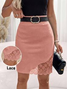 Editum 女士新款时尚优雅蕾丝拼接及膝半身裙，适合日常、通勤和户外活动等多种场合。 - 粉色 - 查看 8