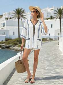 Louniche V-Neck Blue & White Striped Pocket Casual Blouse For Women - Multicolor - View 4