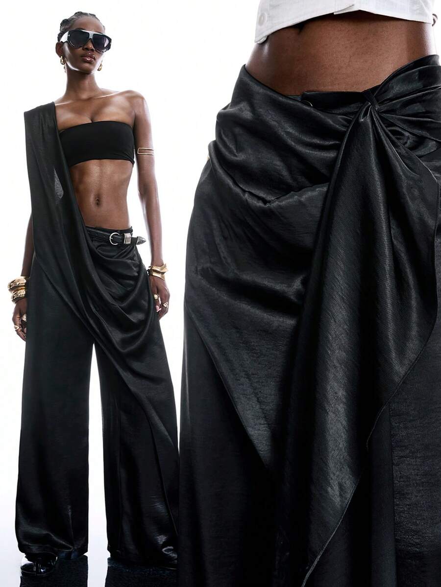 LYSMO 2026 New Arrive Minimalism Spring/Summer Women's Solid Color Wrap Casual Loose Wide Leg Pants - Black - View 1