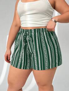 Solflare Celana Pendek Kasual Longgar Ukuran Besar Bermotif Hijau Zaitun - Dark Green - View 5
