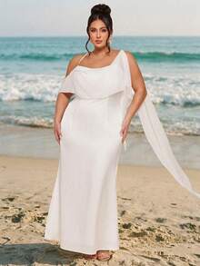 SHEIN BAE Plus Size White Elegant Summer Silky Beach Holiday Maxi Dress,Women's Asymmetric Collar Strappy Evening Gown With Flowing Cape Sleeve Formal Attire - White - View 2