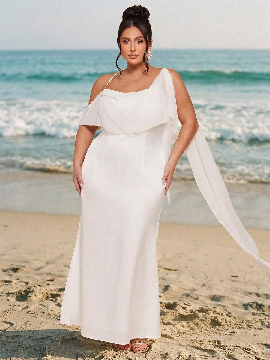 SHEIN BAE Plus Size White Elegant Summer Silky Beach Holiday Maxi Dress,Women's Asymmetric Collar Strappy Evening Gown With Flowing Cape Sleeve Formal Attire