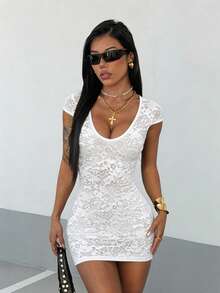 StreetHx 女士蕾丝V领紧身迷你连衣裙 - 白色 - 查看 5