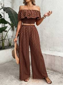 SHEIN PariChic 棕色波点露肩系带阔腿裤两件套夏季女装夏季度假套装 - 棕色 - 查看 5