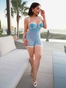 Lupita Cardoza 女式雏菊无袖连体裤海滩度假装春夏女士海滩西部音乐节波西米亚风 - 藍色 - 查看 1