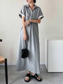 FRIFUL 女士高领直筒中长连衣裙，适合夏季都市通勤穿着 - 灰色 - 查看 4