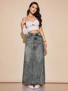 Rivivi Chân váy denim dáng chữ A siêu dài dành cho nữ - Xám - Xem 5