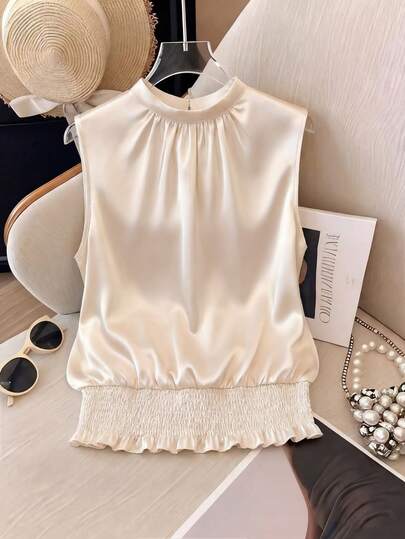 Elenzga Áo không tay dáng rộng, màu trơn, xếp ly, dành cho nữ cỡ lớn, kiểu dáng thanh lịch và sang trọng, thích hợp cho mùa hè.