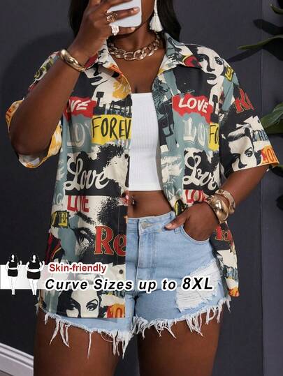 SHEIN CURVE+ Plus-Size Women's Spring/Summer Vintage Fashion College Style Short Plaid Loose Short Top Casual Street Print Shirt
