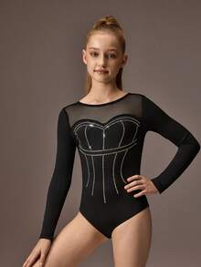 Tween Girls Gymnastics Leotard A Professional Gymnastics Jumpsuit With High Elasticity And Soft Black Energetic Patterns, Sparkling Rhinestones, Full Body Tight Gymnastics Bodysuit - Black - View 3