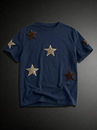 GENTILAND Men's Casual Knit Embroidered Five-Pointed Star Raglan Short Sleeve T-Shirt, Suitable For Daily Wear