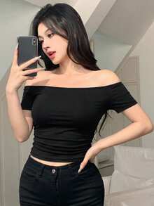 DAZY 女士弹力性感露肩短款黑色绷带上衣，春夏款 - 黑色 - 查看 7