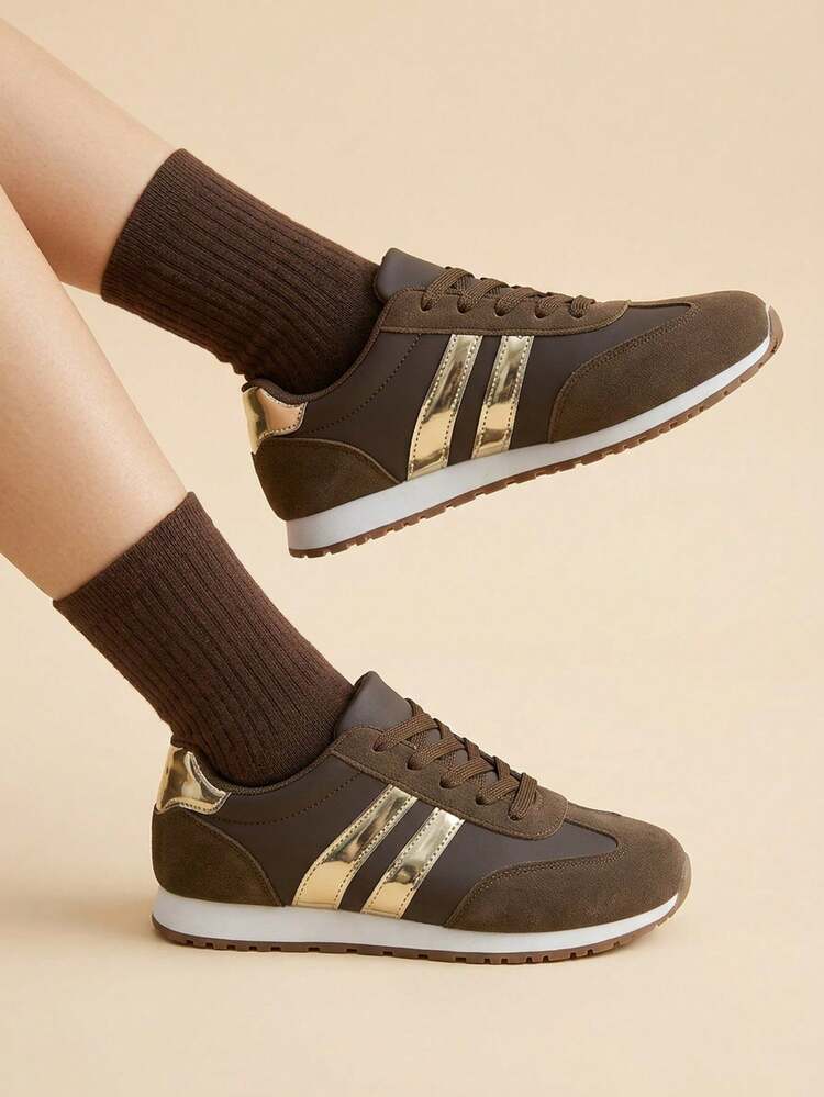 CUCCOO EASI Women's Lace-Up Splicing Small Round Toe Flat-Bottomed Casual Sneakers Simple And Comfortable Daily Outdoor Casual PU Leather Brown Casual Sneakers