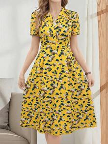 EMERY ROSE Đầm midi tay ngắn cổ chữ V thắt nơ thanh lịch, thoải mái dành cho nữ - Màu vàng - Xem 3