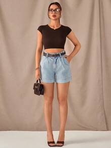 SHEIN 高腰褶裥下摆浅蓝色水洗牛仔短裤 - 淺色水洗藍 - 查看 7