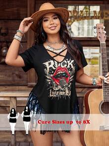 SHEIN CURVE+ 大码复古美式摇滚风印花流苏V领短袖T恤 - 黑色 - 查看 1