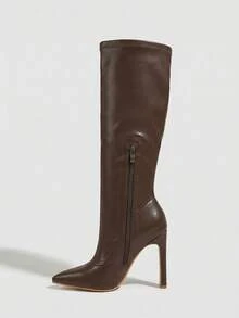 Daringsoles Giày bốt nữ mũi nhọn, gót dày, ôm sát, chất liệu da PU co giãn, gợi cảm, khóa kéo bên hông, thích hợp cho mùa thu đông, phong cách avant-garde, dự tiệc, đi làm. - Màu nâu 1 - Xem 8