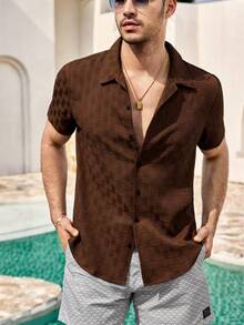 Mercer Haus Áo sơ mi nam tay ngắn màu trơn, kiểu dáng tối giản và thời trang, thích hợp mặc hàng ngày, lý tưởng cho kỳ nghỉ hè ở vùng nhiệt đới Hawaii. - màu nâu - Xem 6
