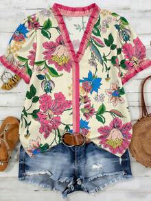 SHEIN LUNE CURVE Camisa de mujer de talla grande, de estilo casual, con estampado tejido, para el verano y la playa - Rosa - Ver 1