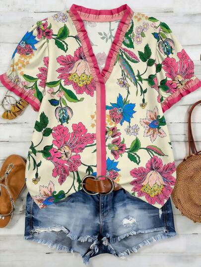 SHEIN LUNE CURVE Plus Size Woven Printed Casual Resort Summer Women's Shirt