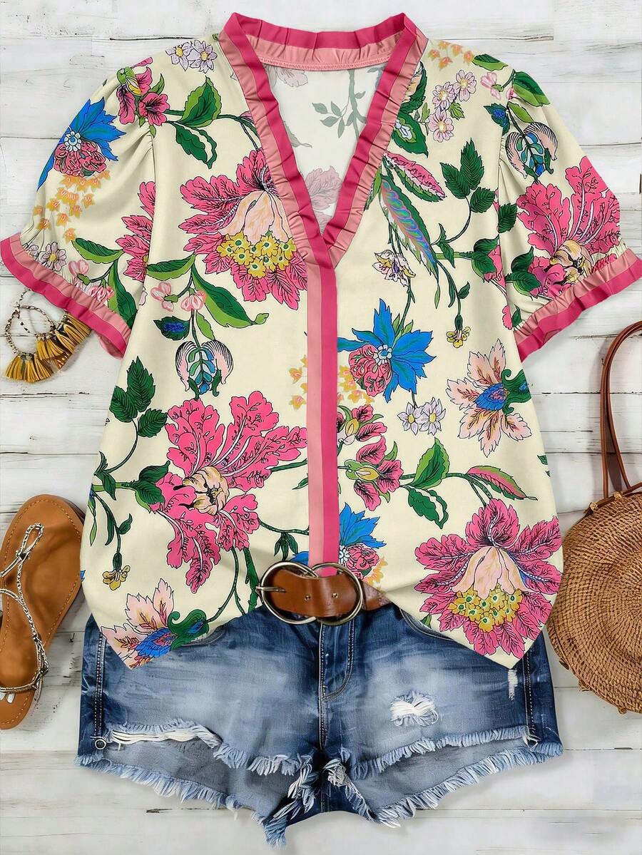 SHEIN LUNE CURVE Camisa de mujer de talla grande, de estilo casual, con estampado tejido, para el verano y la playa - Rosa - Ver 1