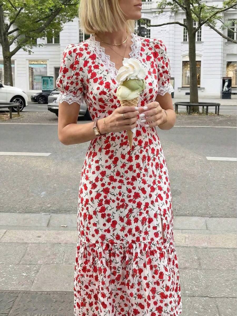 Pariaura 2026 New Women's Long Red Floral Dress Puff Short Sleeve V-Neck White Lace Trim On Sleeves & Neckline Zipper Closure Casual Office Commute Minimalist Vacation Dress Women Vacation Dress Wrap Dresses For Women Summer Elegant Floral Dress Women Cherry Dress Women Floral Midi Dress Women French Style Dress Strawberry Dress Women - Multicolor - View 1