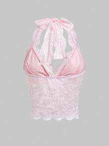 ROMWE Fairycore Top de encaje para mujer de verano, unicolor, sexy, con tirantes halter y descubierto en la espalda - Rosa - Ver 2