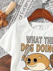SHEIN Baby Boy Casual Cartoon Print Short Sleeve Round Neck Top, Suitable For Summer, Classic Cartoon Puppy Shield Print - White - View 4