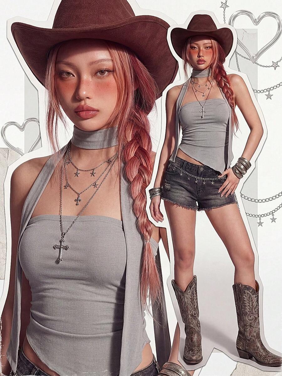 Rina Fox 2026 Nouveau Top Minimaliste Décontracté et Irrégulier pour Femmes, Printemps/Été - Gris - Voir 1