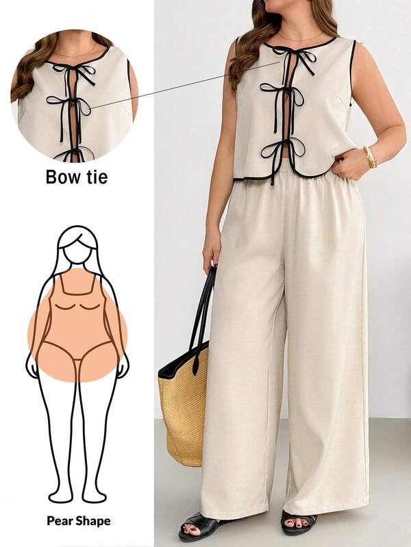 Shapeblank Conjunto de dos piezas de moda casual para mujer talla grande de primavera/verano, con top tipo chaleco con lazo y pantalón de pierna ancha, cómodo y estilizador, con bloques de color y ribete negro. Conjunto de ropa de verano, conjunto de pantalones, atuendo de vacaciones para mujer, conjunto color albaricoque, ropa para madre e hija